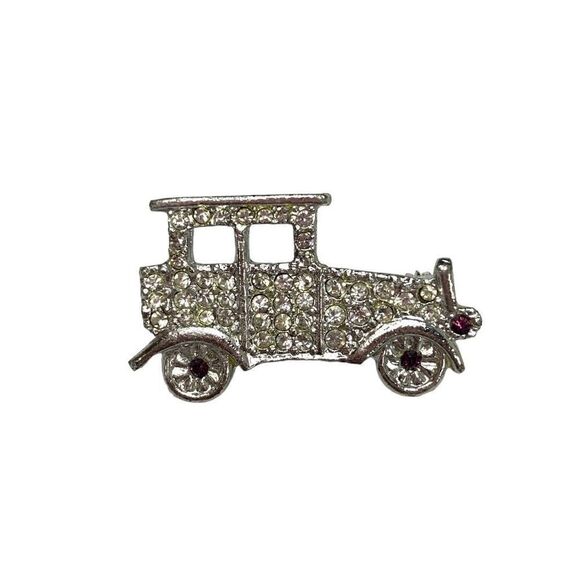 Vintage 1980's 1-1/2" Silver Tone Rhinestone Encrusted Vintage Car Brooch - Picture 1 of 5